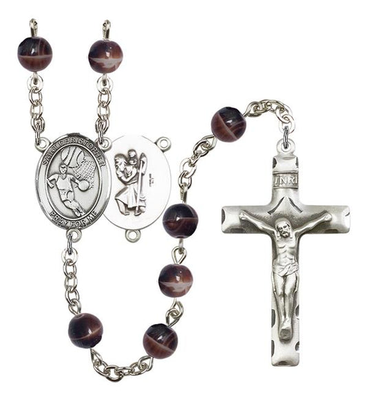 St. Christopher / Basketball Rosary, 7mm Brown Glass Beads, Silver Plate, # 12610