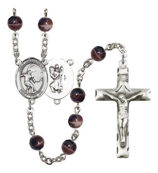 St. Christopher / Soccer Rosary, 7mm Brown Glass Beads, Silver Plate, # 12611