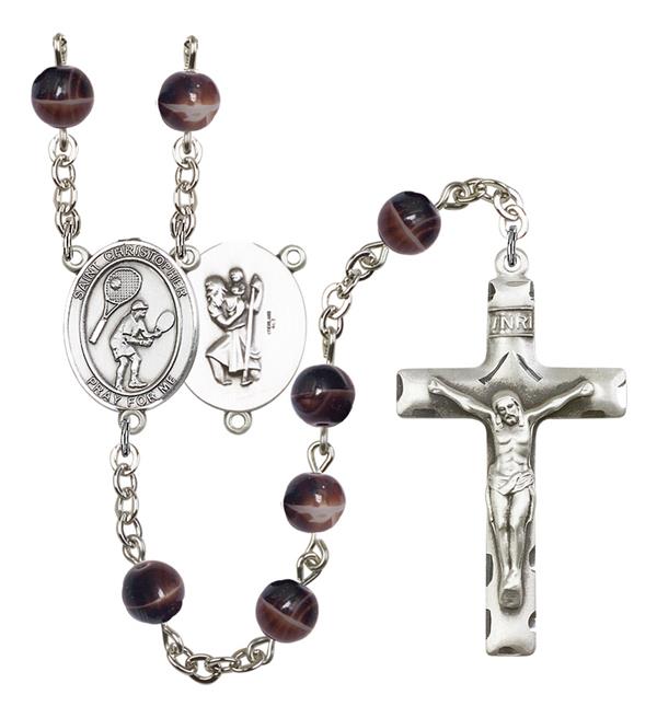 St. Christopher / Tennis Rosary, 7mm Brown Glass Beads, Silver Plate, # 12613