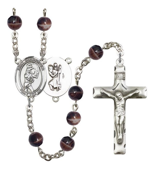 St. Christopher / Softball Rosary, 7mm Brown Glass Beads, Silver Plate, # 12615