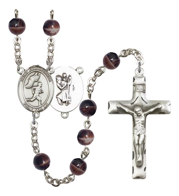 St. Christopher / Men's Track & Field Rosary, 7mm Brown Glass Beads, Silver Plate, # 12617