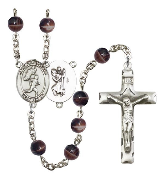 St. Christopher / Men's Track & Field Rosary, 7mm Brown Glass Beads, Silver Plate, # 12617
