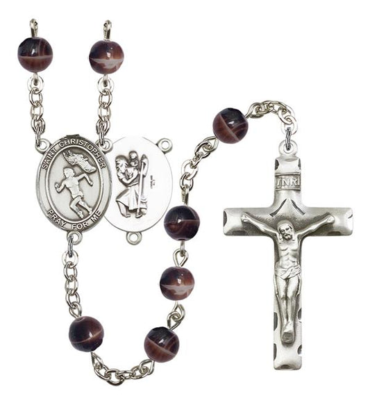 St. Christopher / Women's Track & Field Rosary, 7mm Brown Glass Beads, Silver Plate, # 12618