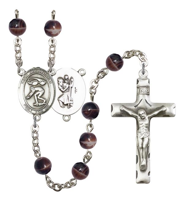 St. Christopher / Swimming Rosary, 7mm Brown Glass Beads, Silver Plate, # 12619