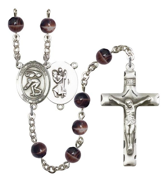 St. Christopher / Swimming Rosary, 7mm Brown Glass Beads, Silver Plate, # 12619