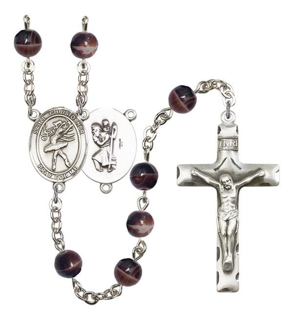 St. Christopher / Dance Rosary, 7mm Brown Glass Beads, Silver Plate, # 12620