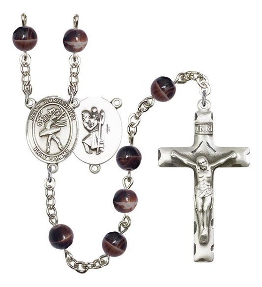 St. Christopher / Dance Rosary, 7mm Brown Glass Beads, Silver Plate, # 12620