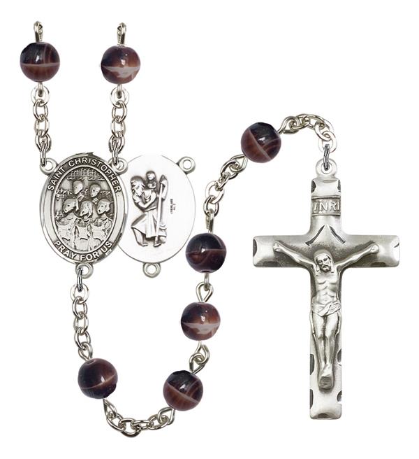 St. Christopher / Choir Rosary, 7mm Brown Glass Beads, Silver Plate, # 12622