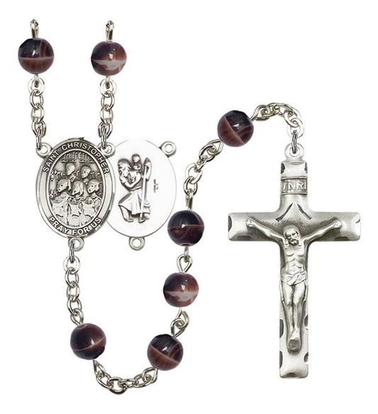 St. Christopher / Choir Rosary, 7mm Brown Glass Beads, Silver Plate, # 12622