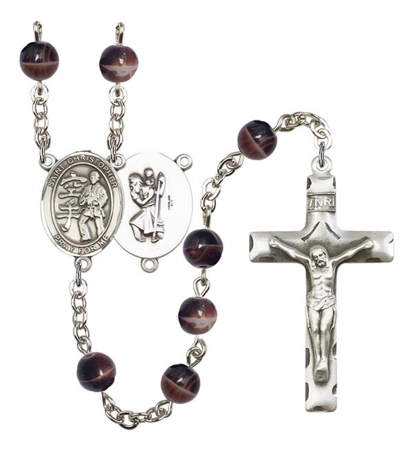 St. Christopher / Karate Rosary, 7mm Brown Glass Beads, Silver Plate, # 12623