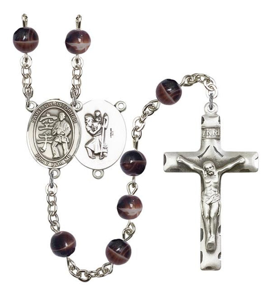 St. Christopher / Karate Rosary, 7mm Brown Glass Beads, Silver Plate, # 12623