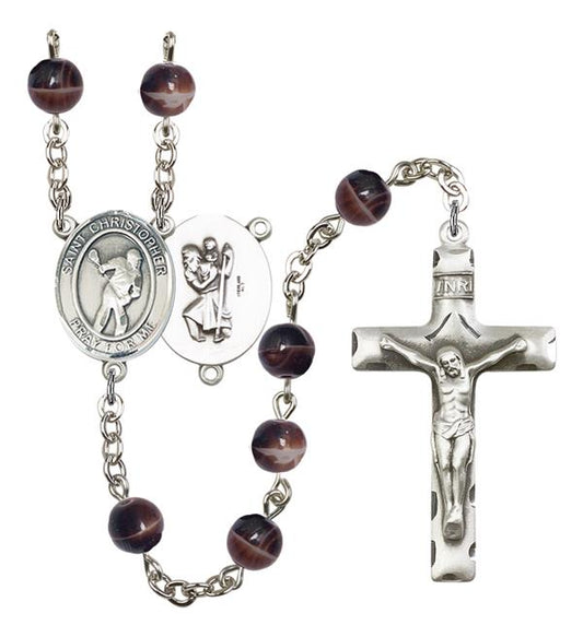 St. Christopher / Lacrosse Rosary, 7mm Brown Glass Beads, Silver Plate, # 12624