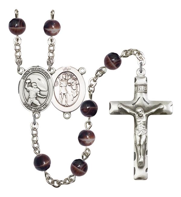 St. Sebastian / Football Rosary, 7mm Brown Glass Beads, Silver Plate, # 12626