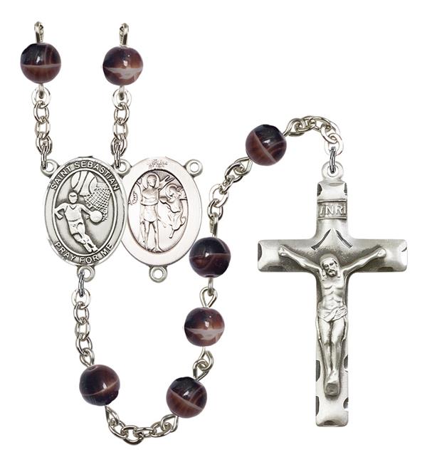 St. Sebastian / Basketball Rosary, 7mm Brown Glass Beads, Silver Plate, # 12627