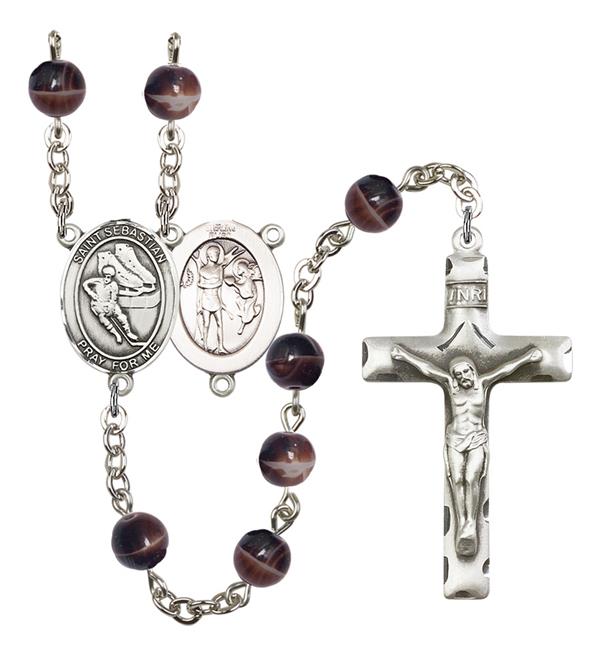 St. Sebastian / Hockey Rosary, 7mm Brown Glass Beads, Silver Plate, # 12629