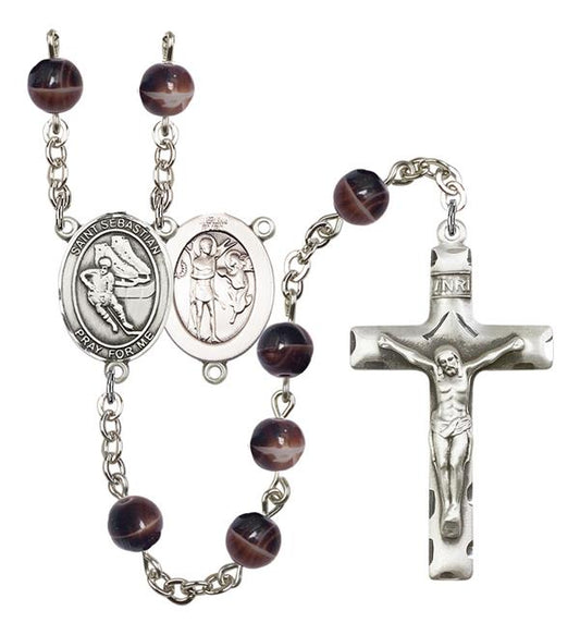 St. Sebastian / Hockey Rosary, 7mm Brown Glass Beads, Silver Plate, # 12629