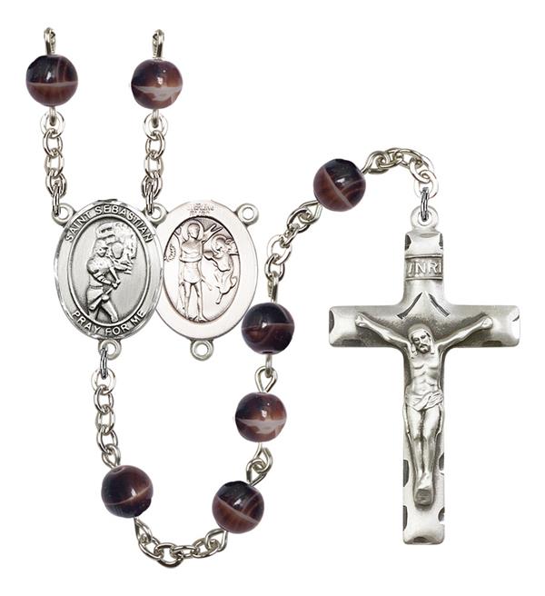St. Sebastian / Softball Rosary, 7mm Brown Glass Beads, Silver Plate, # 12633