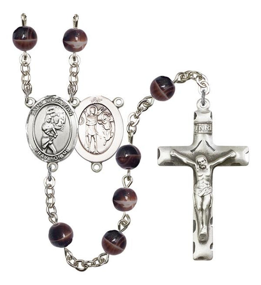 St. Sebastian / Softball Rosary, 7mm Brown Glass Beads, Silver Plate, # 12633