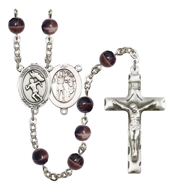 St. Sebastian / Women's Track & Field Rosary, 7mm Brown Glass Beads, Silver Plate, # 12636