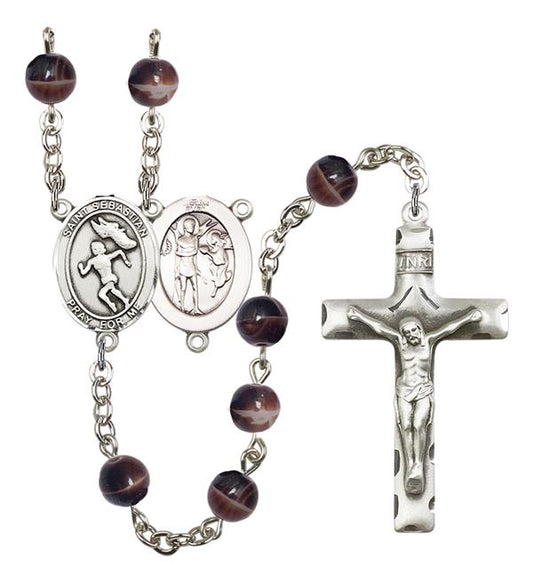 St. Sebastian / Women's Track & Field Rosary, 7mm Brown Glass Beads, Silver Plate, # 12636