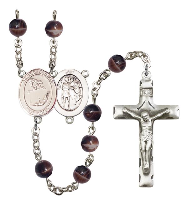 St. Sebastian / Gymnastics Rosary, 7mm Brown Glass Beads, Silver Plate, # 12639