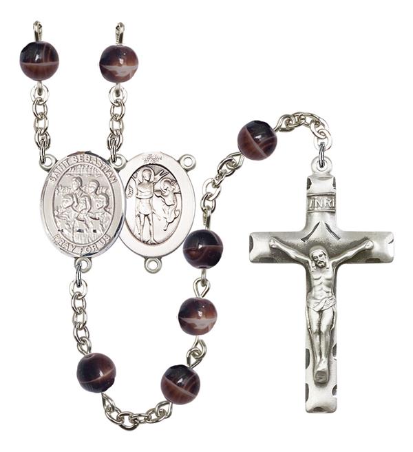 St. Sebastian / Choir Rosary, 7mm Brown Glass Beads, Silver Plate, # 12640