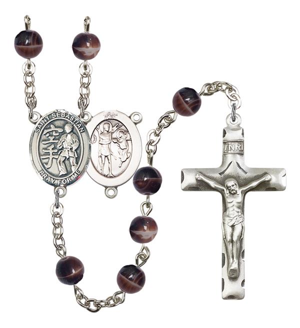 St. Sebastian / Karate Rosary, 7mm Brown Glass Beads, Silver Plate, # 12641
