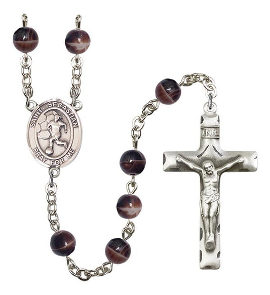 St. Sebastian / Women's Soccer Rosary, 7mm Brown Glass Beads, Silver Plate, # 12643