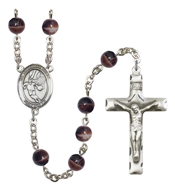 Guardian Angel / Basketball Rosary, 7mm Brown Glass Beads, Silver Plate, # 12646