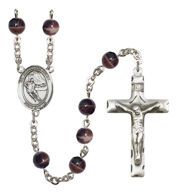 Guardian Angel / Hockey Rosary, 7mm Brown Glass Beads, Silver Plate, # 12648