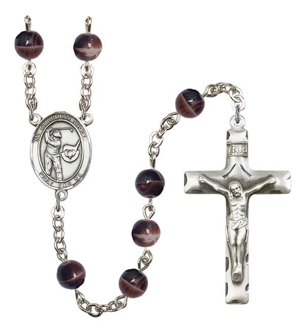 Guardian Angel / Golf Rosary, 7mm Brown Glass Beads, Silver Plate, # 12650