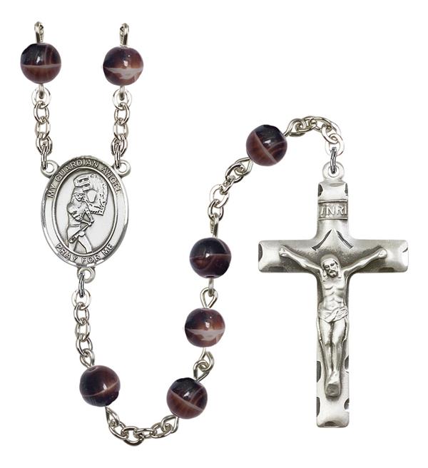 Guardian Angel / Softball Rosary, 7mm Brown Glass Beads, Silver Plate, # 12651
