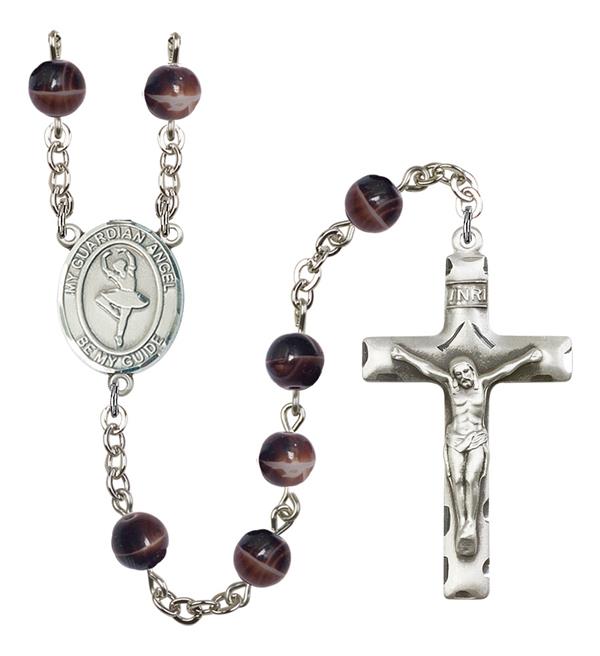 Guardian Angel / Dance Rosary, 7mm Brown Glass Beads, Silver Plate, # 12657