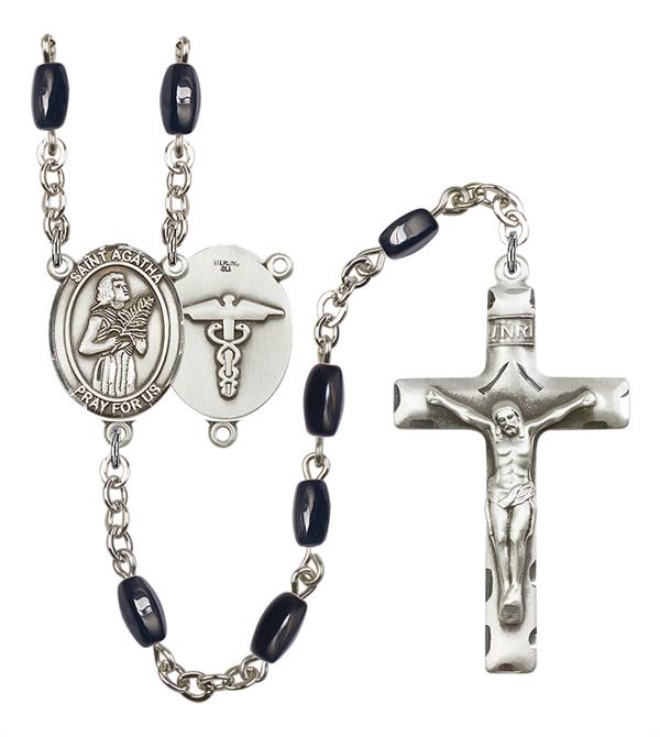 St. Agatha Nurse Rosary, 8x5mm Black Onyx Beads, Silver Plate, # 12661