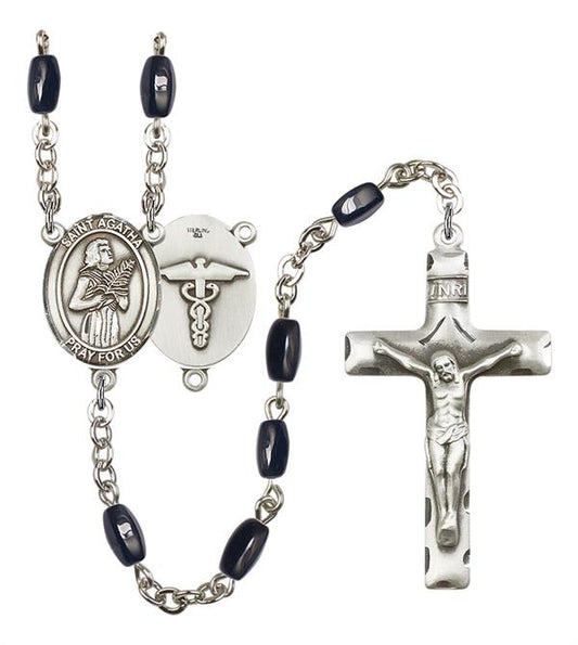 St. Agatha Nurse Rosary, 8x5mm Black Onyx Beads, Silver Plate, # 12661
