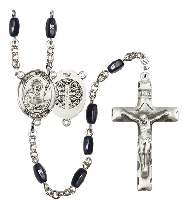 St. Benedict Rosary, 8x5mm Black Onyx Beads, Silver Plate, # 12668