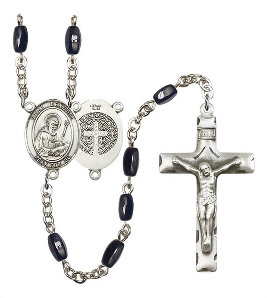 St. Benedict Rosary, 8x5mm Black Onyx Beads, Silver Plate, # 12668