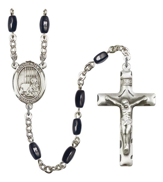 St. Benjamin Rosary, 8x5mm Black Onyx Beads, Silver Plate, # 12673