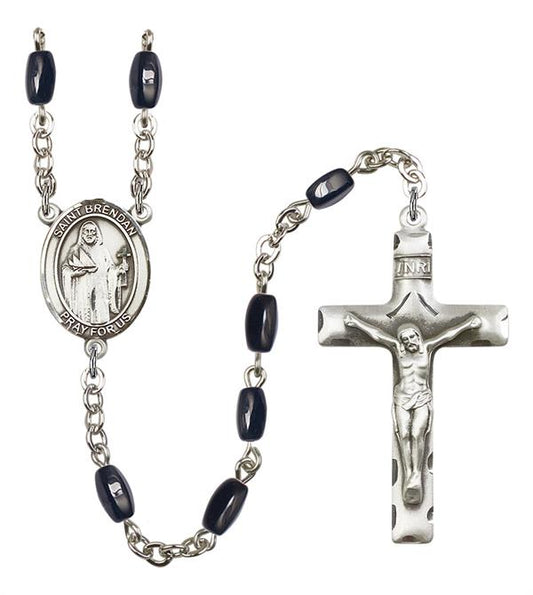 St. Brendan Rosary, 8x5mm Black Onyx Beads, Silver Plate, # 12678