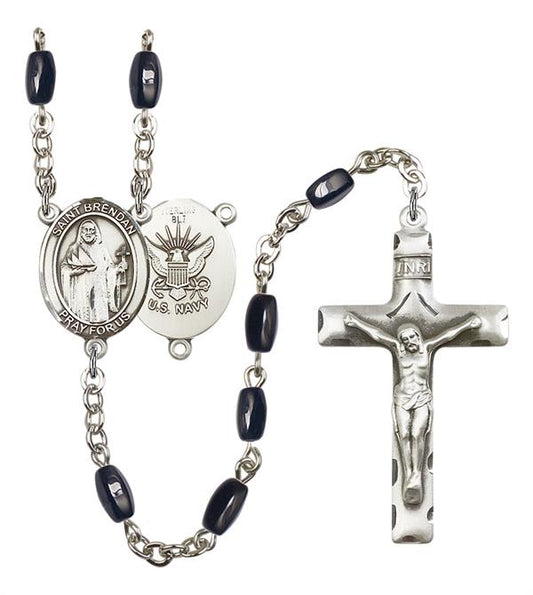 St. Brendan U.S. Navy Rosary, 8x5mm Black Onyx Beads, Silver Plate, # 12679