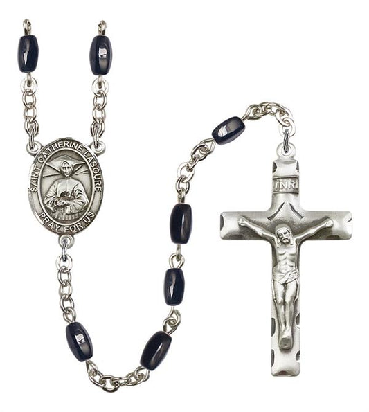 St. Catherine Laboure Rosary, 8x5mm Black Onyx Beads, Silver Plate, # 12683