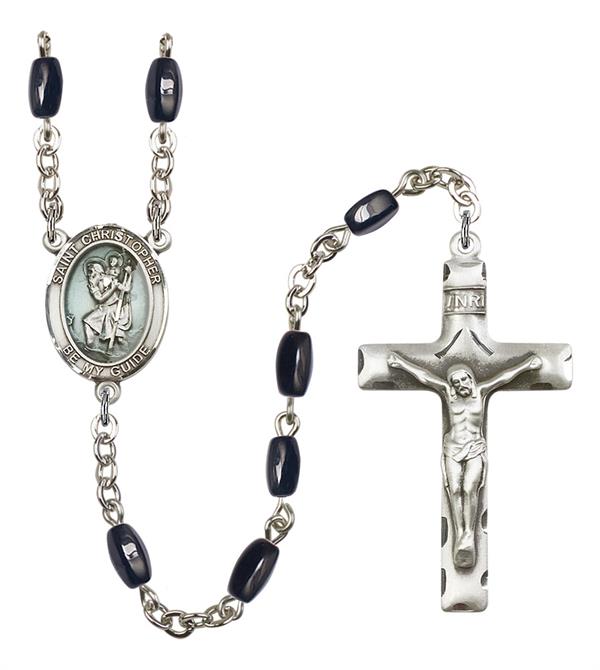 St. Christopher Rosary, Blue Enamel, 8x5mm Black Onyx Beads, Silver Plate, # 12685