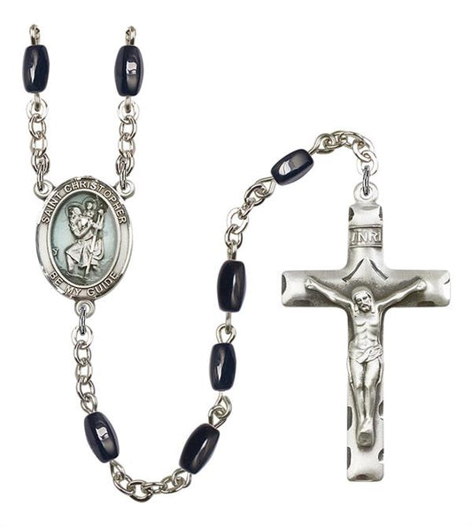 St. Christopher Rosary, Blue Enamel, 8x5mm Black Onyx Beads, Silver Plate, # 12685
