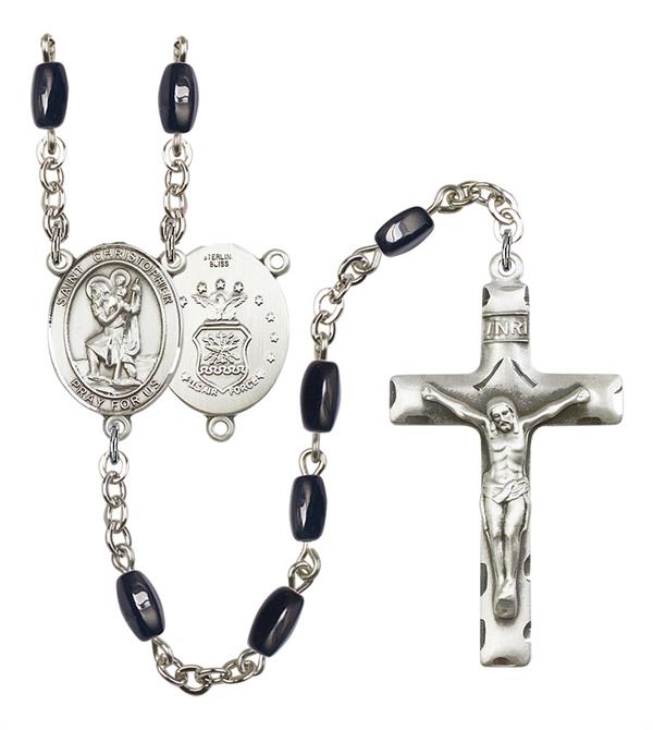 St. Christopher U.S. Air Force Rosary, 8x5mm Black Onyx Beads, Silver Plate, # 12686