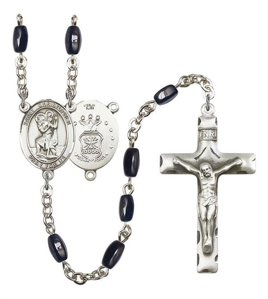St. Christopher U.S. Air Force Rosary, 8x5mm Black Onyx Beads, Silver Plate, # 12686