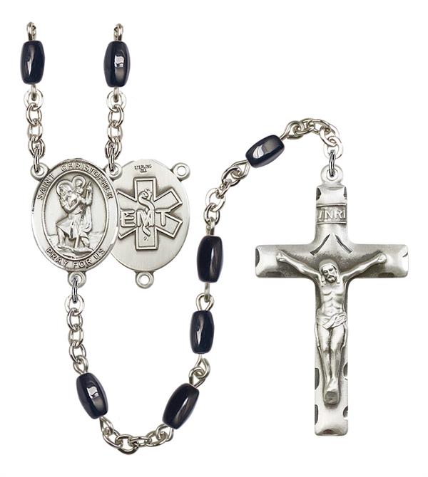 St. Christopher EMT Rosary, 8x5mm Black Onyx Beads, Silver Plate, # 12687