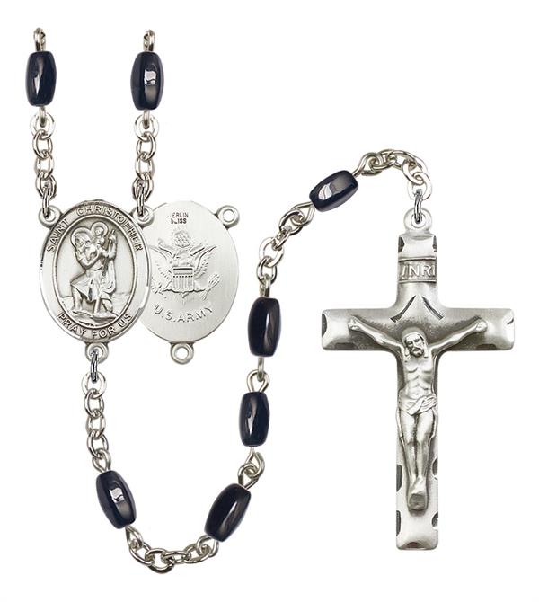 St. Christopher U.S. Army Rosary, 8x5mm Black Onyx Beads, Silver Plate, # 12688