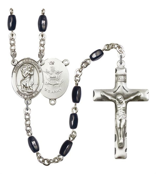 St. Christopher U.S. Army Rosary, 8x5mm Black Onyx Beads, Silver Plate, # 12688