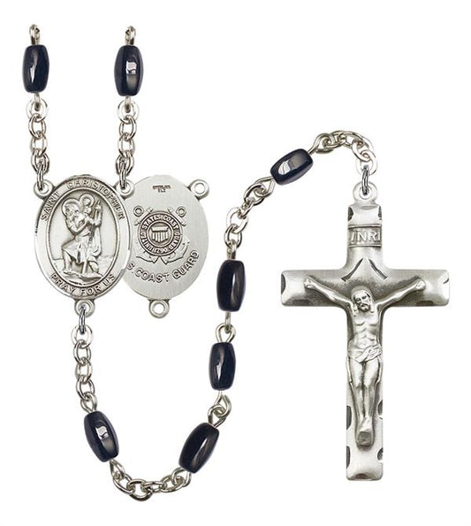 St. Christopher U.S. Coast Guard Rosary, 8x5mm Black Onyx Beads, Silver Plate, # 12689