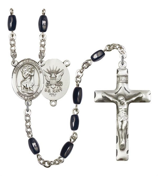 St. Christopher U.S. Navy Rosary, 8x5mm Black Onyx Beads, Silver Plate, # 12692